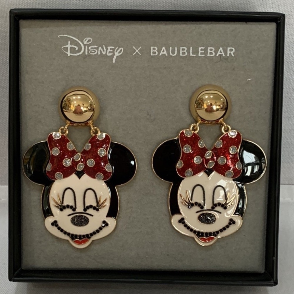 DISNEY BAUBLEBAR SMILING MINNIE MOUSE FACE EARRINGS W/ RED BOW & RHINESTONES